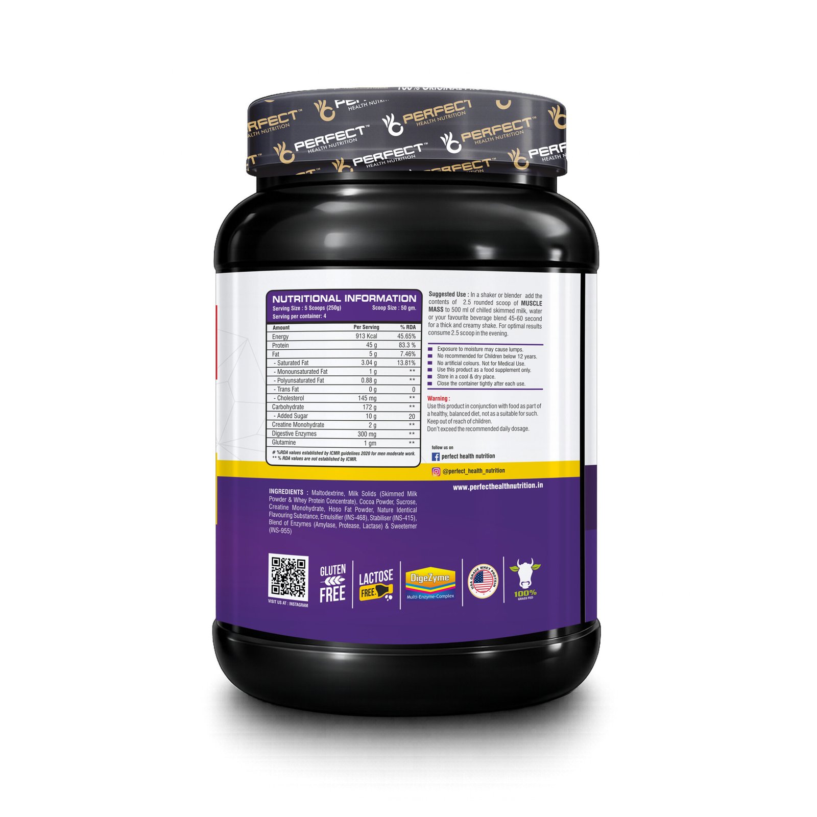 Perfect Health Nutrition Muscle Mass, Lean Muscle Mass Gainer with Digestive Enzymes 1Kg - Image 2