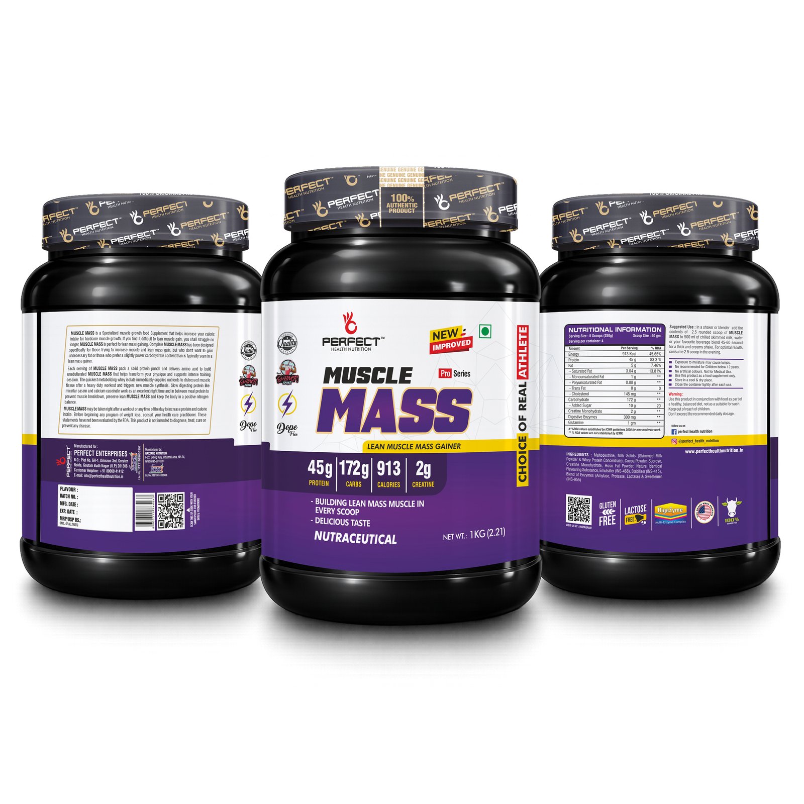 Perfect Health Nutrition Muscle Mass, Lean Muscle Mass Gainer with Digestive Enzymes 1Kg - Image 4